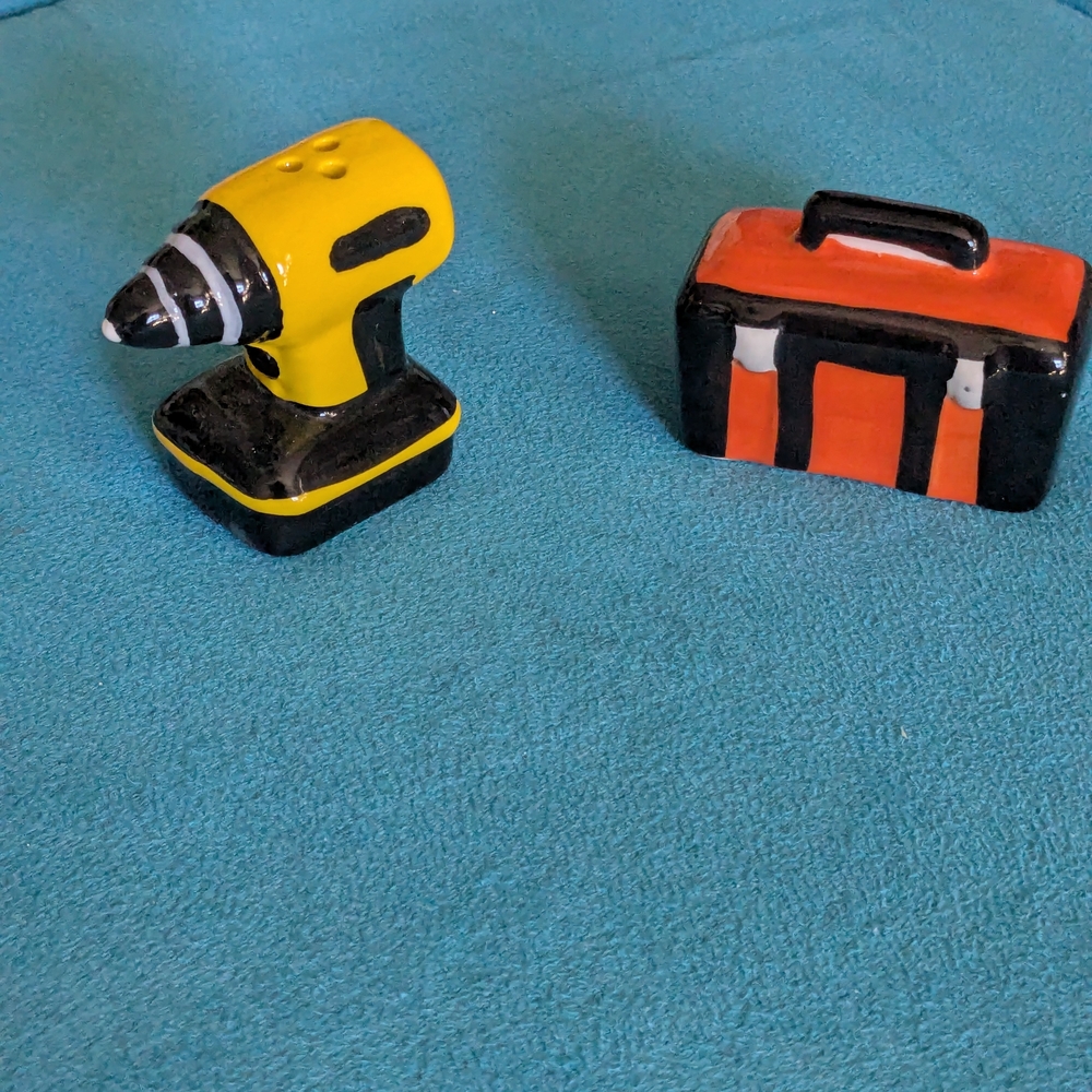 Ceramic Drill and Toolbox Salt & Pepper Shakers - Yellow and Orange